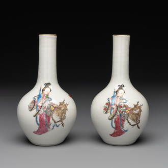 A pair of Chinese famille rose 'Lan Caihe' bottle vases, 19th C.