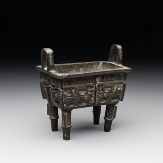 A Chinese archaistic gold and silver-inlaid bronze rectangular bronze censer, 'fangding 方鼎', Ming