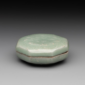 A Chinese Longquan celadon box and cover with anhua peony design, Song