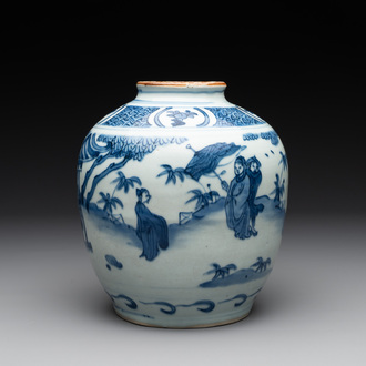 A Chinese blue and white globular vase with figures in a landscape, hare mark, Wanli