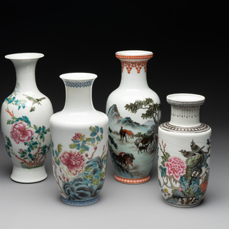 Four various Chinese famille rose vases, Qianlong mark, 20th C.