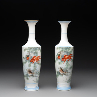 A pair of Chinese famille rose eggshell 'goldfish' vases, 20th C.