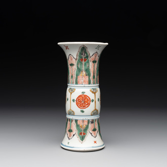 A Chinese famille verte 'gu' vase with stylised floral design, Kangxi