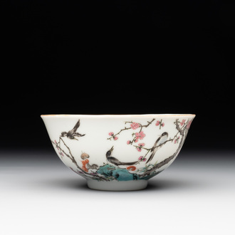 A Chinese famille rose bowl with birds amongst branches, 20th C.