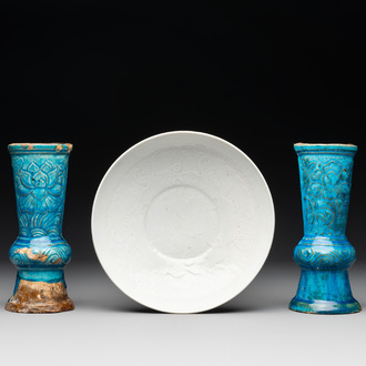 A Chinese incised white-glazed bowl and a pair of turquoise-glazed vases, Ming
