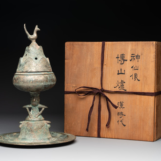 A Chinese bronze 'immortal' 'boshanlu' censer and cover with a tomobako, Western Han
