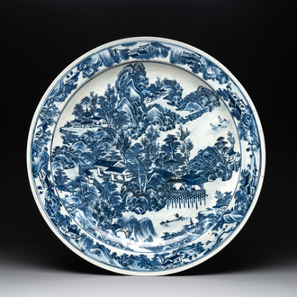 A massive Chinese blue and white 'landscape' dish, 19th C.