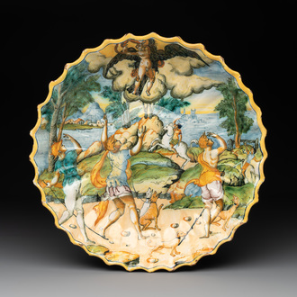 An Italian maiolica istoriato crespina with the Abduction of Ganymede, probably Rimini, ca. 1570