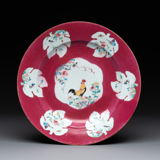A Chinese famille rose ruby-ground 'rooster' dish, Yongzheng