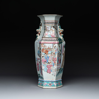 A Chinese Canton famille rose hexagonal vase with narrative design, 19th C.