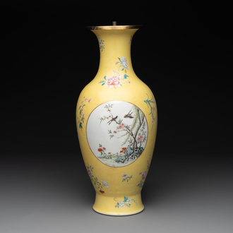 A Chinese famille rose yellow-ground baluster vase, Ju Ren Tang 居仁堂製 mark, Republic