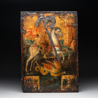 A silver-adorned icon of St. George slaying the dragon, Greece, probably 17th C.