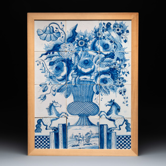 A blue and white tile mural with a flower vase flanked by dapple-grey horses, Makkum, Friesland, 18/19th C.