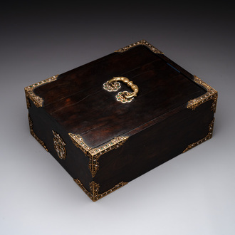 A colonial hardwood writing box with enamelled gold mounts, 18th C.