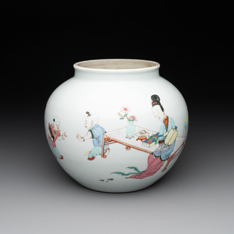 An extremely rare Chinese famille rose globular 'lady and boys' jar, Yongzheng