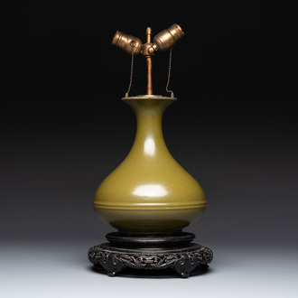 A Chinese monochrome teadust-glazed vase mounted as a lamp, 18/19th C.