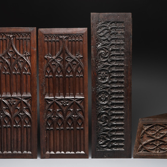Three Gothic carved oak panels and a stand, France and Flanders, 15th C.