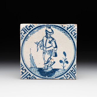 A blue and white Rotterdam 'crown' 'bowman' tile, 17th C.