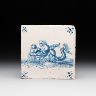 A blue and white Dutch Delft 'embracing sea creatures' tile, 17th C.