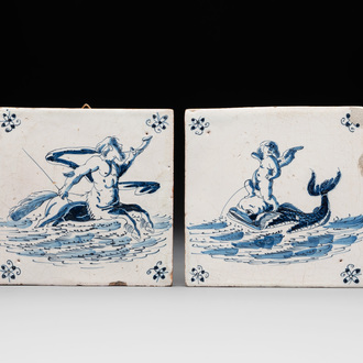 Two blue and white Dutch Delft 'sea monster' tiles, Harlingen, 17th C.