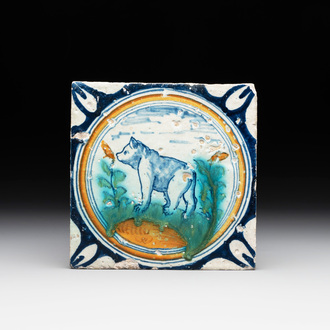 A polychrome Dutch Delft maiolica 'medallion' 'bear' tile, late 16th C.