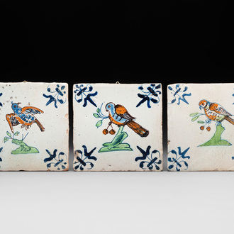 Three polychrome Dutch Delft 'bird' tiles, 17th C.