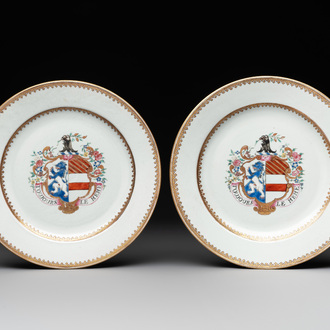 A pair of Chinese armorial plates with the arms of Giles impaling Despayne, Qianlong, ca. 1745