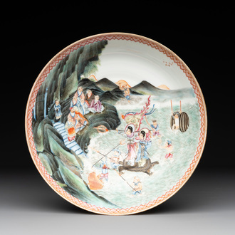 A Chinese famille rose eggshell 'immortals' plate, Qianlong mark, 20th C.