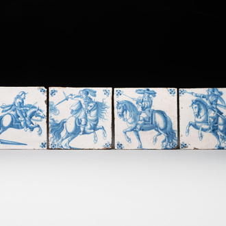 Four blue and white Dutch Delft 'horserider' tiles, 18th C.