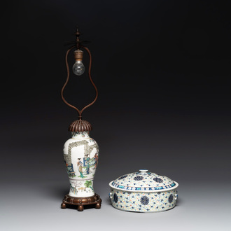 A Chinese famille verte vase mounted as lamp and a famille rose covered tureen, 19th C.