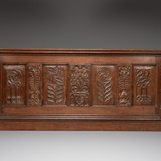 A large neo-Gothic oak chest frame with Gothic floral and figural panels, Flanders, late 15th. C. and 19th C.
