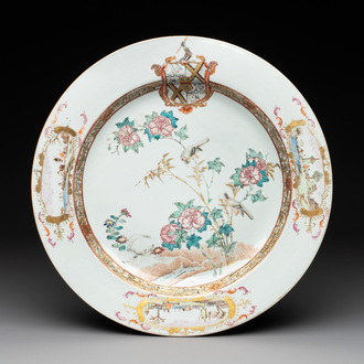 A large Chinese famille rose armorial plate with the arms of Thompson, Qianlong, ca. 1740-1760