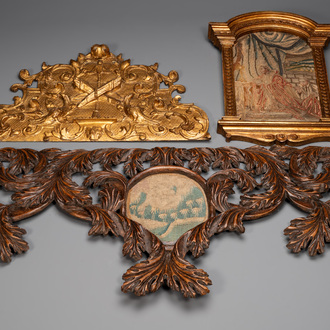 Two ornately carved decorative panels and a niche with an embroidered scene, France, 16/18th C.