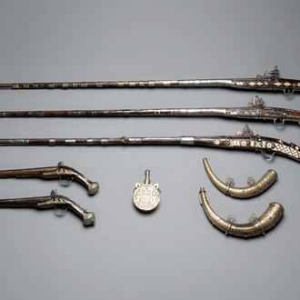 Three impressive flintlock muskets or 'moukahlas', two percussion pistols and three gunpowder horns, Morocco, 18/19th C.