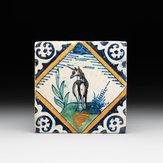 A polychrome Dutch Delft maiolica 'diamond' 'unicorn' tile, late 16th C.