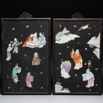 A pair of Chinese famille rose black-gravel-ground plaques, Jiaqing