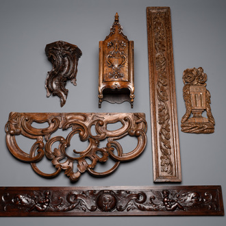 Five Baroque and Rococo wooden carvings and a fine farinière or flour box, Flanders and France, 18th C.