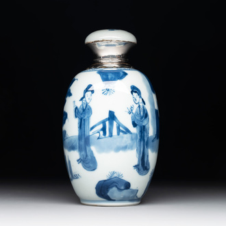 A Chinese blue and white silver-mounted 'Long Eliza' tea caddy and cover, Kangxi