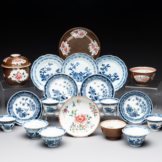 A varied collection of Chinese blue and white, and famille rose tea wares, Qianlong