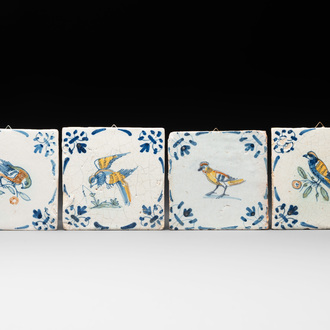 Four polychrome Dutch Delft 'bird' tiles, 17th C.