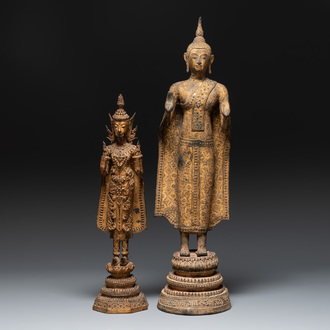 Two Thai mica-inlaid gilt bronze standing Buddhas in Rattanakosin-style, 19th C.