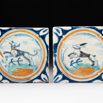 Two polychrome Dutch Delft maiolica 'medallion' 'dog' and 'hare' tiles, late 16th C.