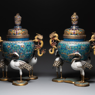 A pair of large and impressive Chinese cloisonné 'dragons and cranes' censers and covers, 19/20th C.