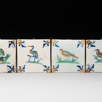 Four polychrome Dutch Delft tiles with birds, 17th C.