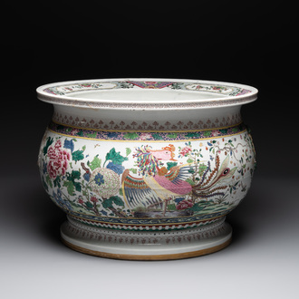 A large famille rose-style 'phoenix' fish bowl or jardinière, Samson, Paris, 19th C.