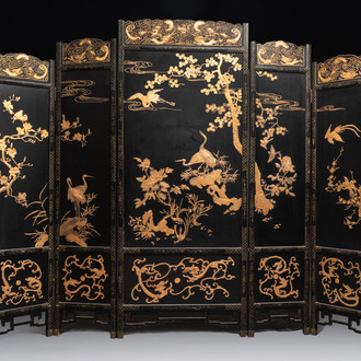 A Chinese gilt-lacquered wooden five-panel folding screen with birds and dragons, 19th C.