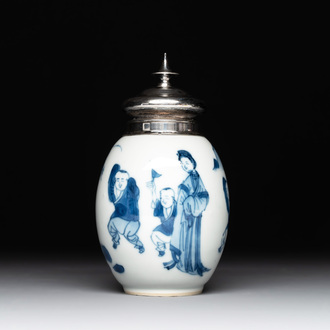 A Chinese blue and white 'Long Eliza and playing boys' tea caddy with silver mount and cover, Kangxi