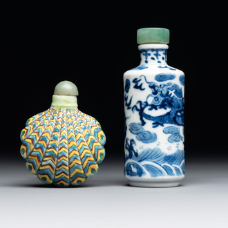 A Chinese blue and white 'dragon' snuff bottle and a polychrome 'peacock' snuff bottle, Yongzheng mark, 19/20th C.