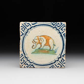 A polychrome Dutch Delft 'elephant' tile, 17th C.