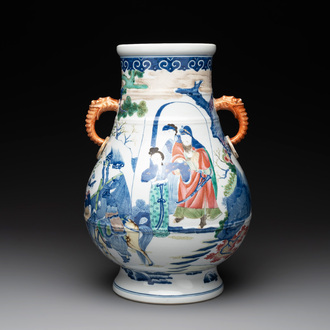 A Chinese famille rose 'hu' vase with figural design, Jiaqing mark, 19/20th C.